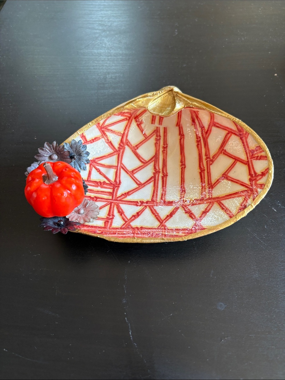 Festive Red & Gold Leaf Accent Tray with Pumpkin Detail
